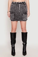 Womens Acid Wash Cargo Pocket Mini Skirt,