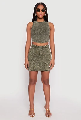 Womens Acid Wash Cargo Pocket Mini Skirt, Green, Size S