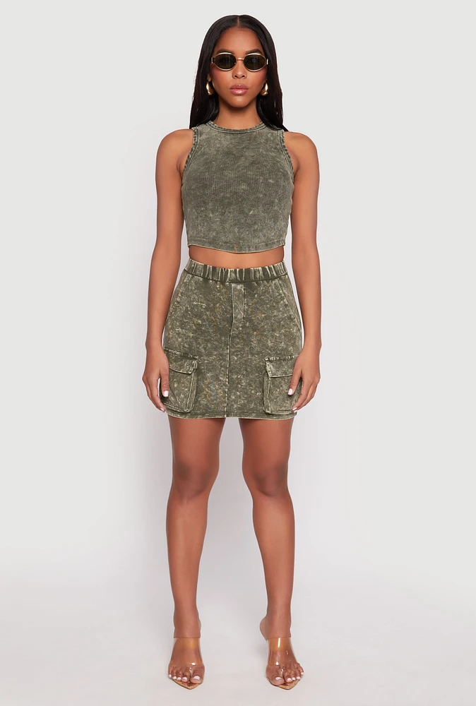 Womens Acid Wash Cargo Pocket Mini Skirt, Green, Size M