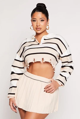 Womens Distressed Striped Cropped Sweater, L