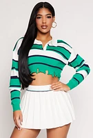 Womens Distressed Striped Cropped Sweater, Green, Size M