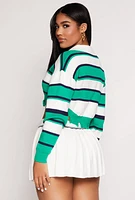 Womens Distressed Striped Cropped Sweater, Green, Size L