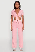 Womens Cropped Mineral Wash Tie Front Top, Pink, Size XL