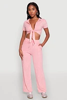 Womens Cropped Mineral Wash Tie Front Top, Pink, Size XL