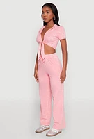 Womens Cropped Mineral Wash Tie Front Top, Pink, Size XL