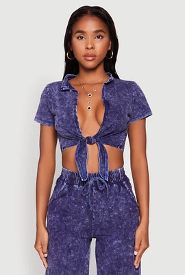 Womens Cropped Mineral Wash Tie Front Top, Blue,