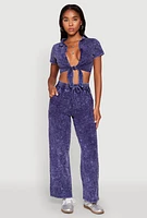 Womens Cropped Mineral Wash Tie Front Top, Blue,