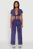 Womens Cropped Mineral Wash Tie Front Top, Blue,