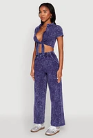 Womens Cropped Mineral Wash Tie Front Top, Blue,
