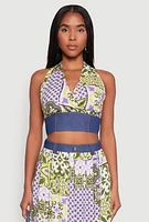 Womens Denim Detail Patterned Halter Top, Multi, Size M
