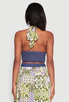Womens Denim Detail Patterned Halter Top, Multi, Size M