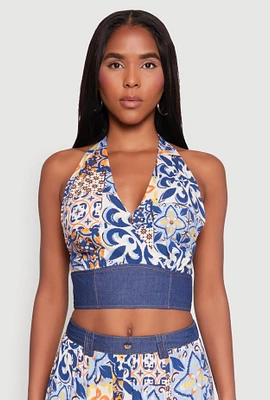 Womens Denim Detail Patterned Halter Top,