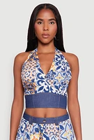 Womens Denim Detail Patterned Halter Top, Blue, Size S