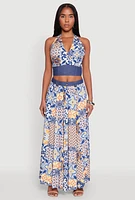 Womens Denim Detail Patterned Halter Top, Blue, Size S