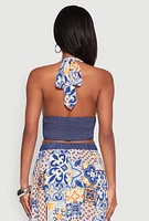 Womens Denim Detail Patterned Halter Top,