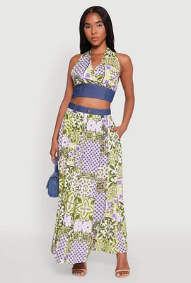 Womens Denim Waist Patterned Maxi Skirt, Multi,