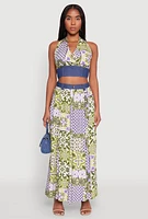 Womens Denim Waist Patterned Maxi Skirt, Multi,