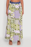 Womens Denim Waist Patterned Maxi Skirt, Multi,