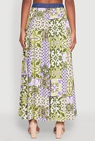 Womens Denim Waist Patterned Maxi Skirt, Multi,