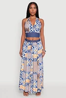 Womens Denim Waist Patterned Maxi Skirt, Multi,