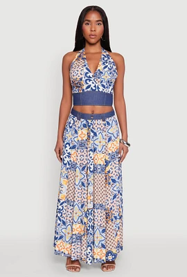 Womens Denim Waist Patterned Maxi Skirt, Multi, Size XL