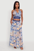 Womens Denim Waist Patterned Maxi Skirt, Multi,