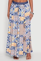 Womens Denim Waist Patterned Maxi Skirt, Multi,