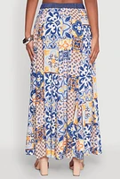Womens Denim Waist Patterned Maxi Skirt, Multi,