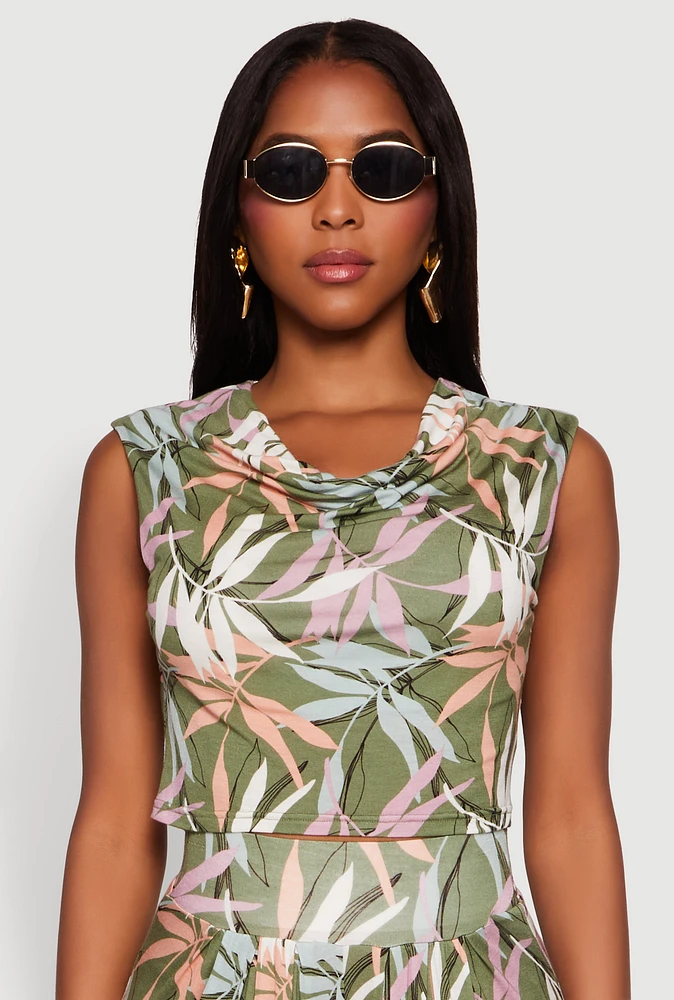 Womens Floral Print Cowl Neck Crop Top,