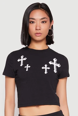 Womens Short Sleeve Cross Graphic Tee, Black, Size M