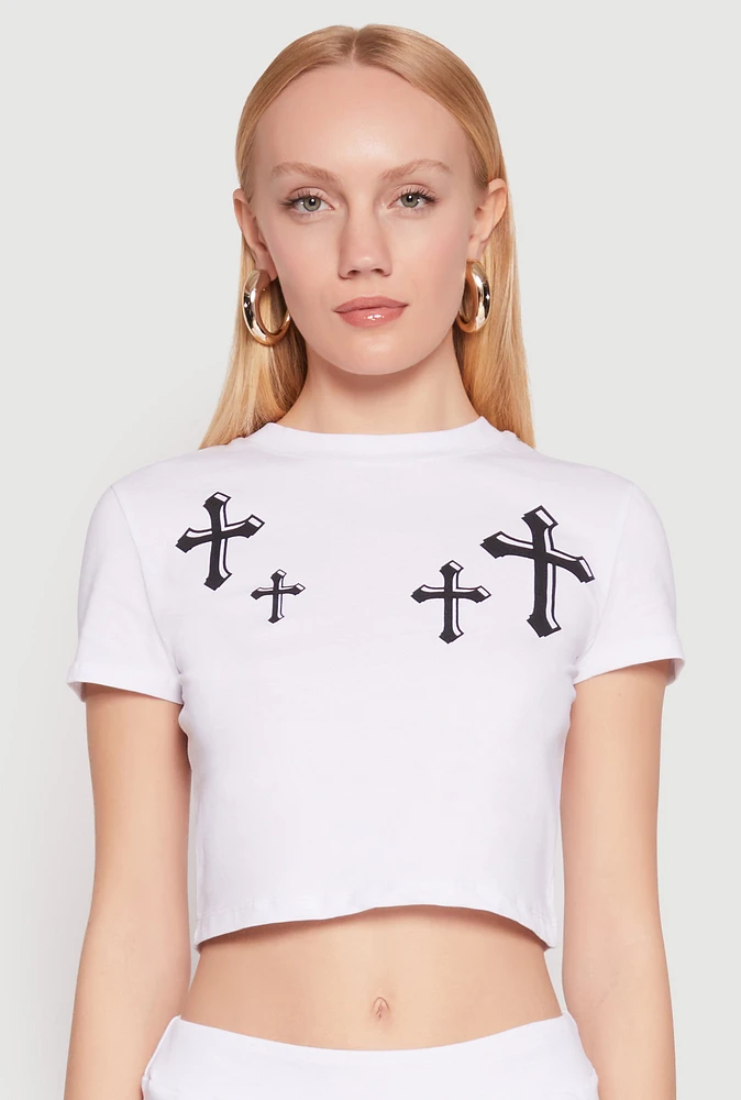 Womens Short Sleeve Cross Graphic Tee, White, Size S