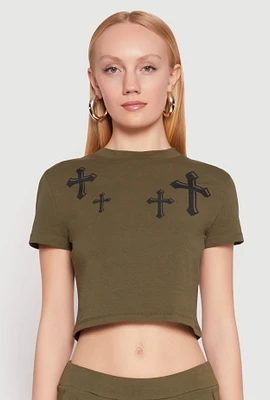 Womens Short Sleeve Cross Graphic Tee, Green, Size M