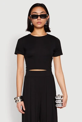 Womens Solid Short Sleeve Crew Neck Crop Top,