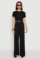 Womens Solid Short Sleeve Crew Neck Crop Top,