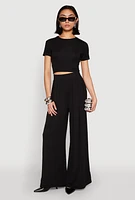 Womens Solid Short Sleeve Crew Neck Crop Top,
