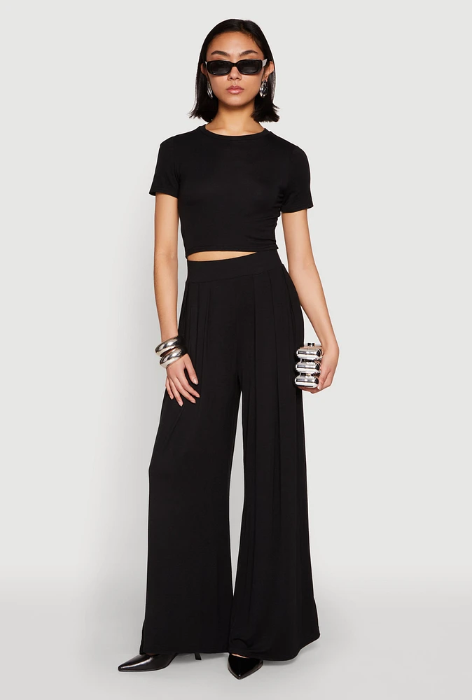 Womens Solid Short Sleeve Crew Neck Crop Top, Black, Size L