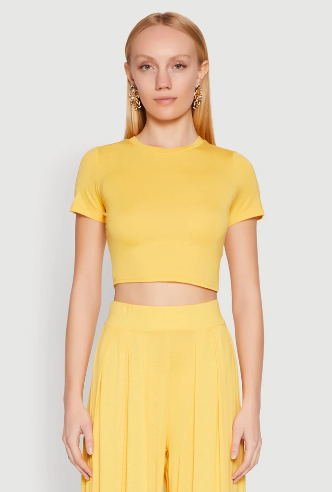 Womens Solid Short Sleeve Crew Neck Crop Top, Yellow, Size XL