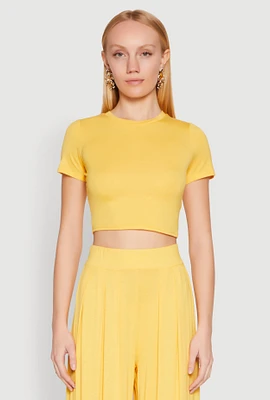 Womens Solid Short Sleeve Crew Neck Crop Top, Yellow, Size XL