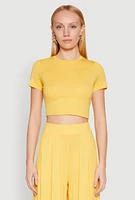Womens Solid Short Sleeve Crew Neck Crop Top, Yellow, Size XL