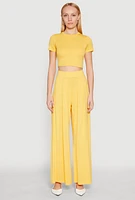 Womens Solid Short Sleeve Crew Neck Crop Top, Yellow, Size XL