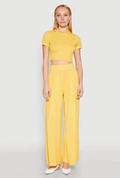 Womens Solid Short Sleeve Crew Neck Crop Top, Yellow, Size XL