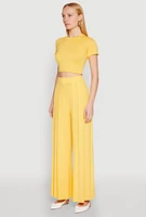 Womens Solid Short Sleeve Crew Neck Crop Top, Yellow, Size XL