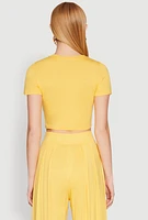 Womens Solid Short Sleeve Crew Neck Crop Top, Yellow, Size XL