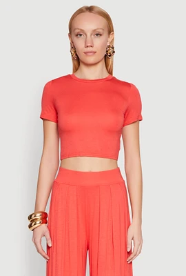 Womens Solid Short Sleeve Crew Neck Crop Top, Orange, Size L