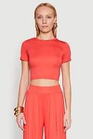 Womens Solid Short Sleeve Crew Neck Crop Top, Orange, Size L