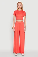 Womens Solid Short Sleeve Crew Neck Crop Top, Orange, Size L