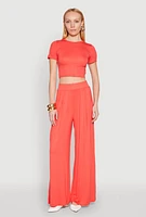 Womens Solid Short Sleeve Crew Neck Crop Top, Orange, Size L