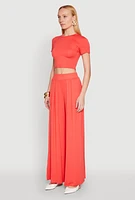 Womens Solid Short Sleeve Crew Neck Crop Top, Orange, Size L
