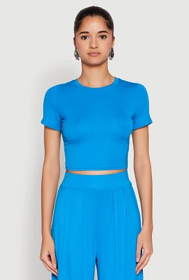 Womens Solid Short Sleeve Crew Neck Crop Top,