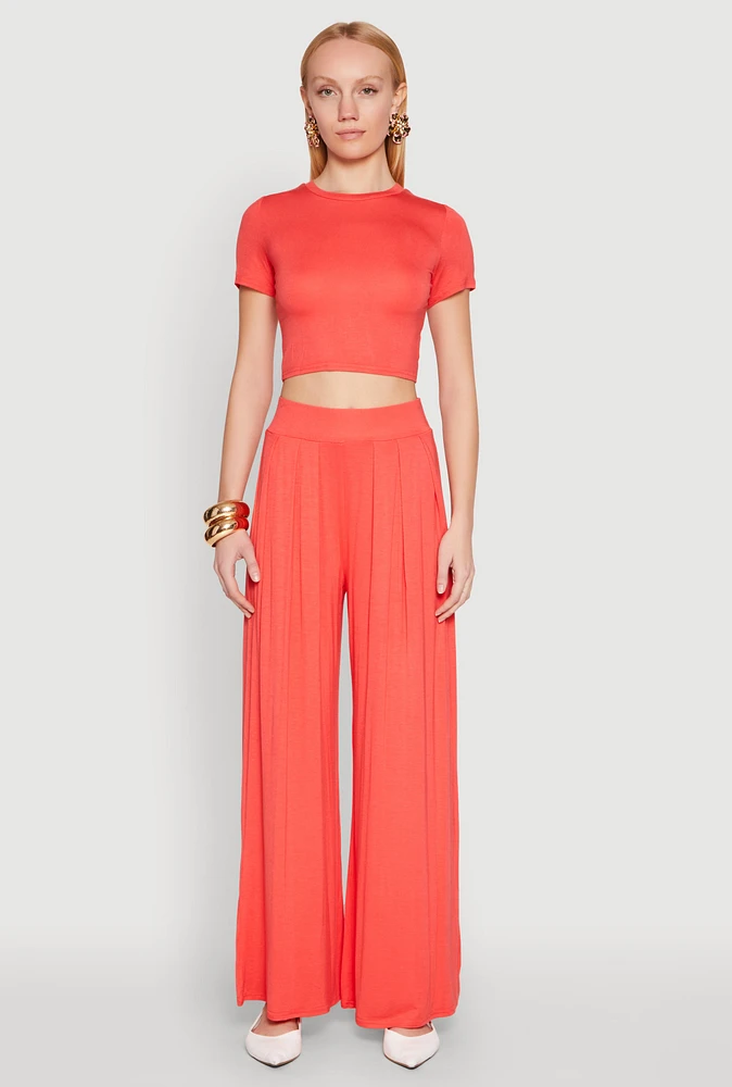 Womens High Waisted Pleated Wide Leg Pants, Orange, Size M